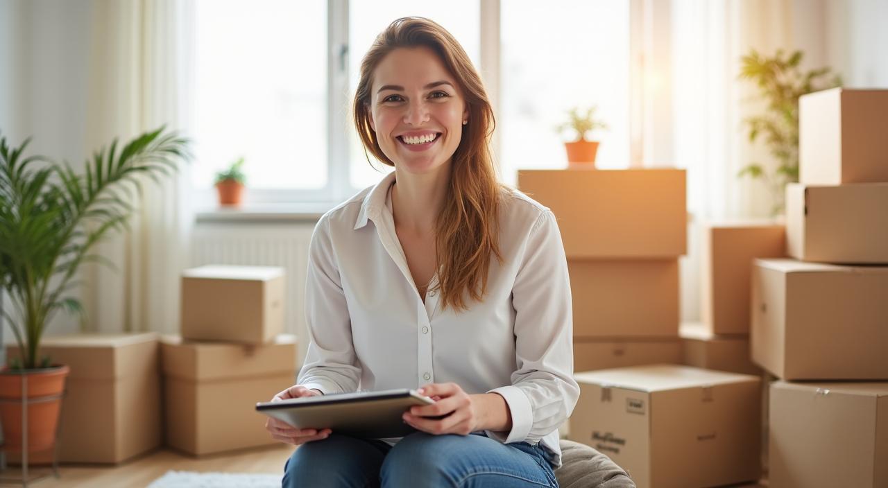 Persona sonriente organizando cajas de mudanza en un salón luminoso