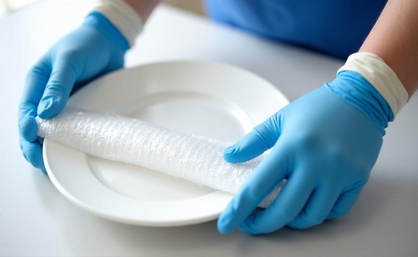 Persona embalando cuidadosamente platos de porcelana con burbujas