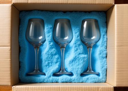 Detalle de copas de vino protegidas individualmente con materiales de embalaje